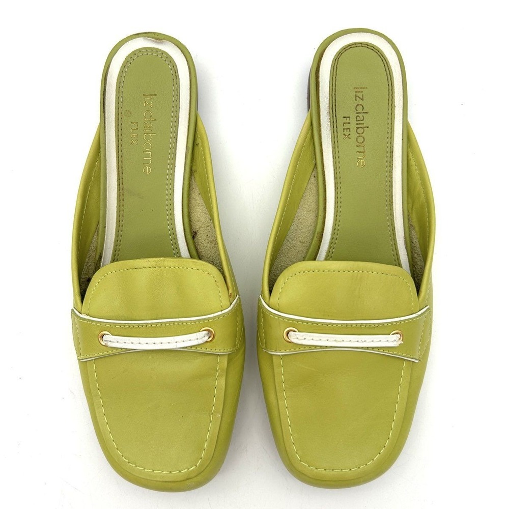Vintage Liz Claiborne Flex Classic Green Leather Loafer Mules Women's Size 6.5